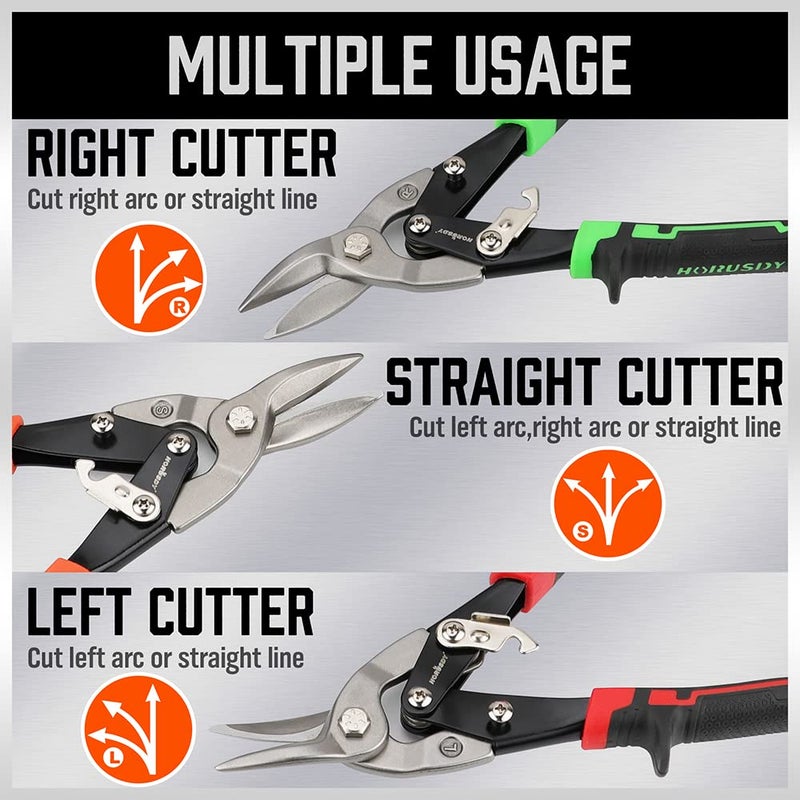 HORUSDY 3 Pack Aviation Tin Snips Set  10 Inch Metal Straight Cut  Left Cut  Right Cut for Cut Sheet Metal  Chrome Vanadium Steel - Image 4